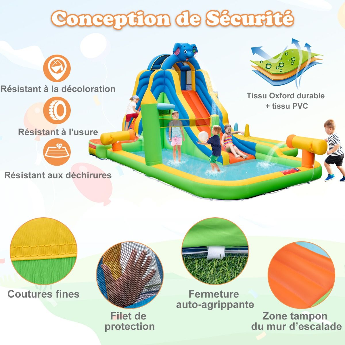 Giant Inflatable Water Slide for Kids Safe Splash Pool Climbing Wall Water Cannons Ring Toss Hoop (No Blower) Multicolor -