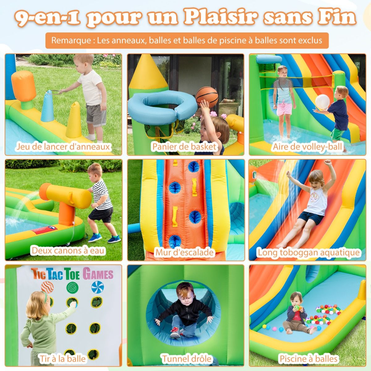 Giant Inflatable Water Slide for Kids Safe Splash Pool Climbing Wall Water Cannons Ring Toss Hoop (No Blower) Multicolor -