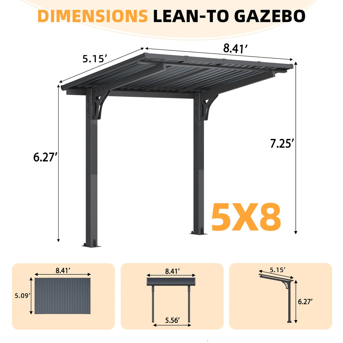 AECOJOY 8' x 5' Lean to Grill Gazebo Hardtop Outdoor Pergola for Patio - Product image 3