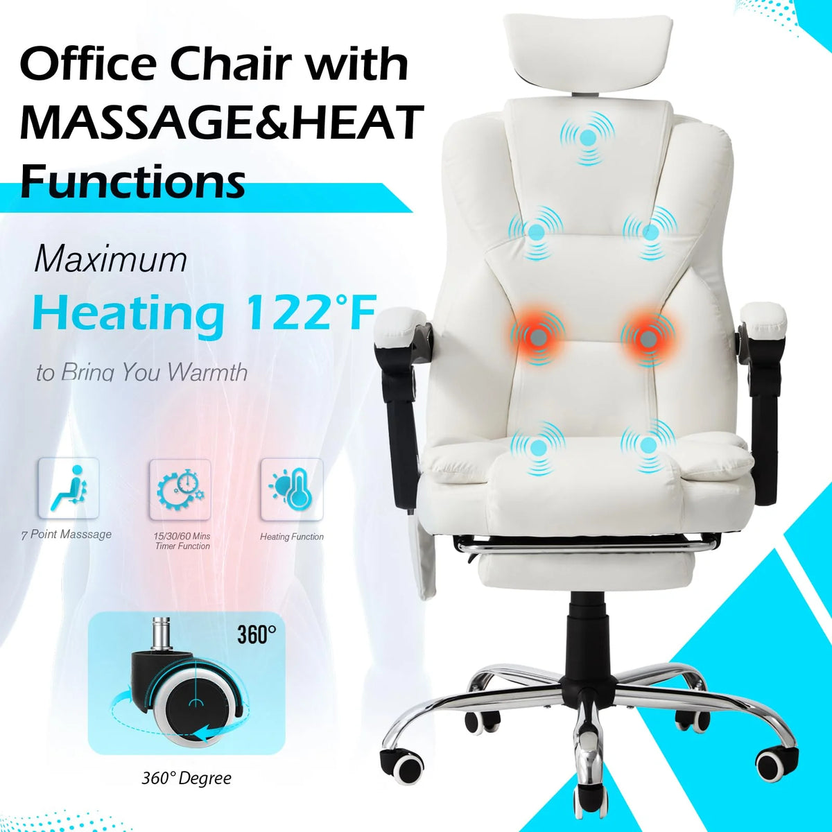 AECOJOY Office Chair with 7 Points Vibration Massage&Heat, Adjustable Ergonomic Recliner, Cream White - Product image 4
