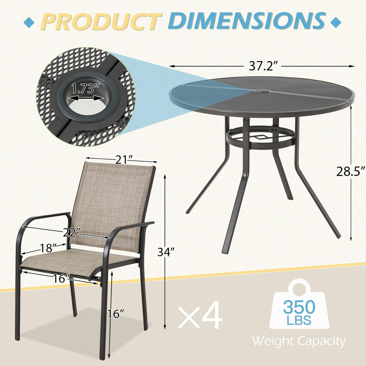 AECOJOY 5 Piece Patio Table and Chair Set for 4, Outdoor Dining Set with 1.73" Umbrella Hole - Product image 3