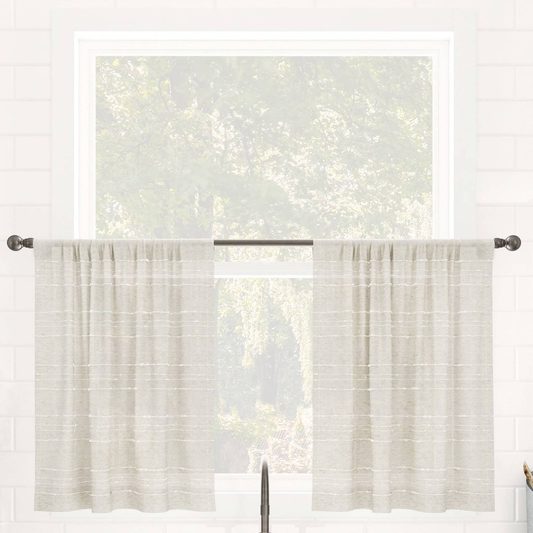 Clean Window Textured Slub Stripe Anti-Dust Linen Blend Sheer Cafe Curtain Pair - 52" x 24" - Product image 1