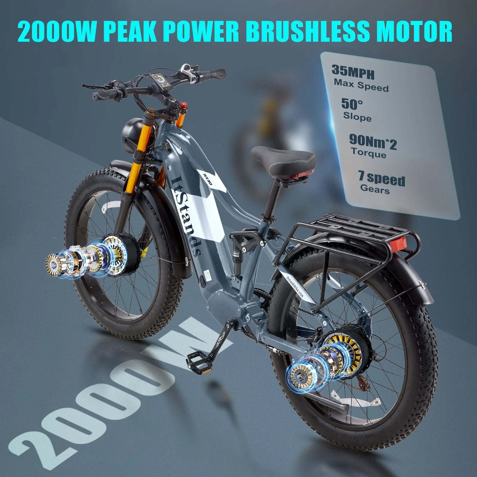 Dual Motors AWD 2000W Electric Bike for Adult 26'' UL2849 48V 30AH E - Product image 7