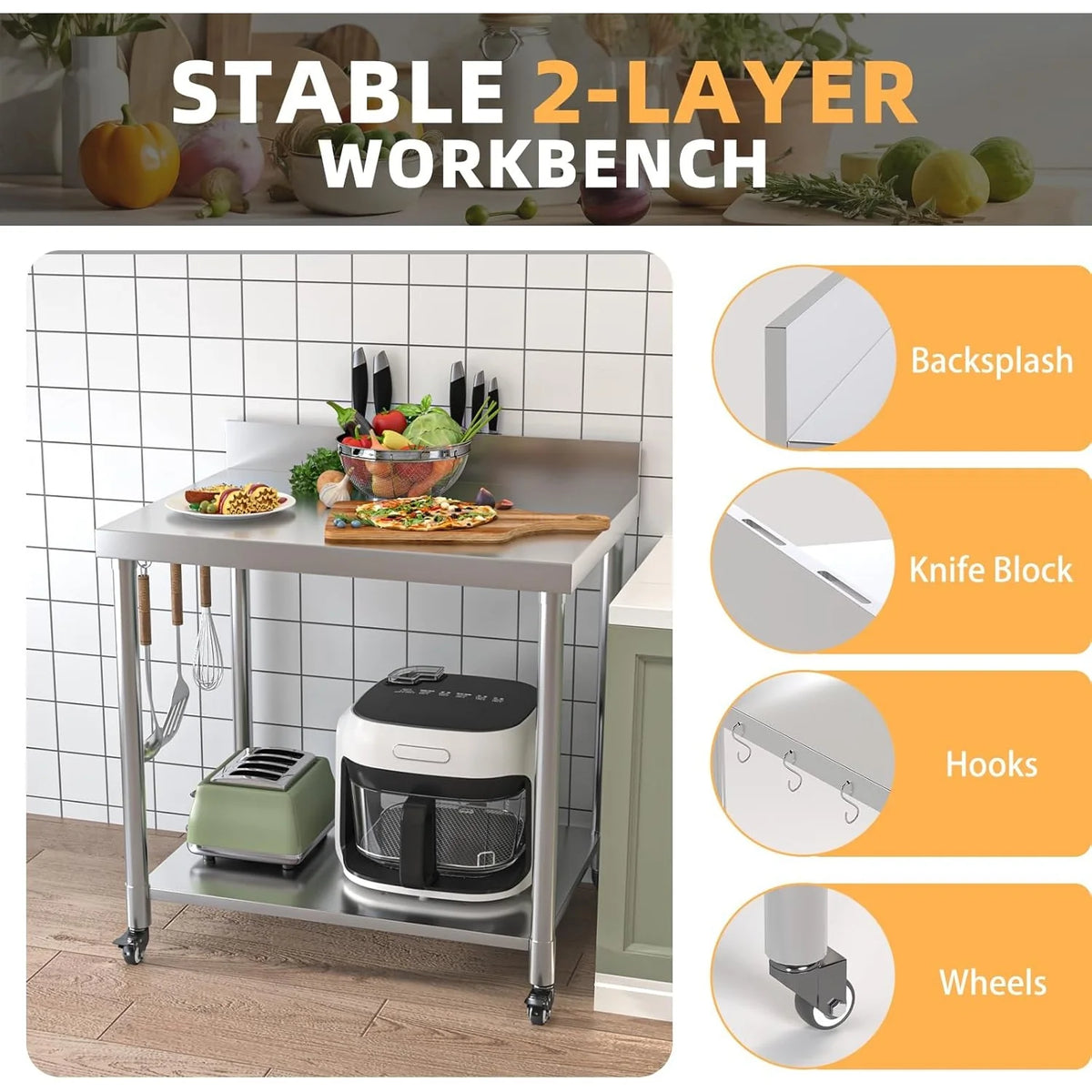 AECOJOY Stainless Steel Table 36"x30" with Backsplash and Knife Blocks Prep Tables for Commercial Kitchen - Product image 4