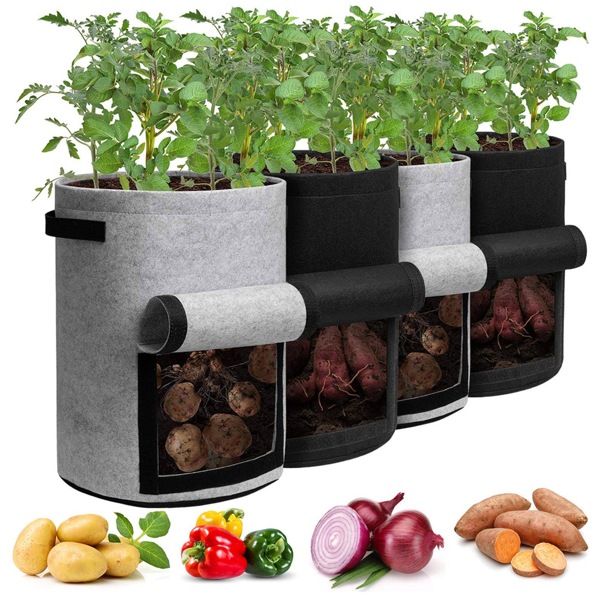 Homyhoo Potato Grow Bags with Flap 10 Gallon, 4 Pack Planter Pot with Handles and Harvest Window for Potato - Product image 1