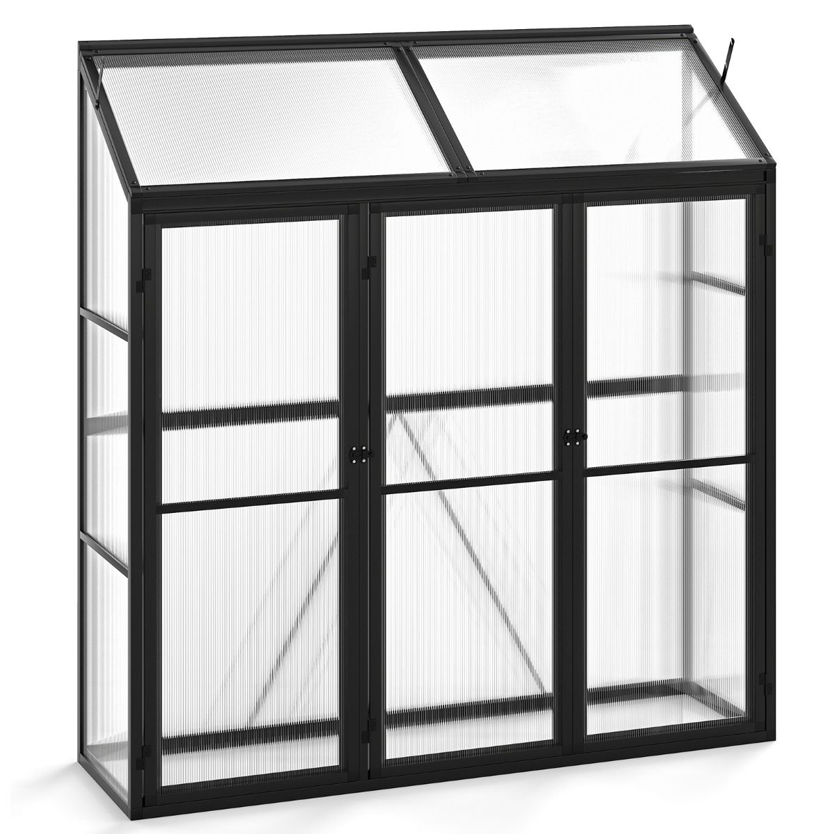 Outdoor Aluminum Garden Greenhouse Mini Walk-in Greenhouse with Skylight and 3 Closable Doors Sun-Resistant PC Plates Black -