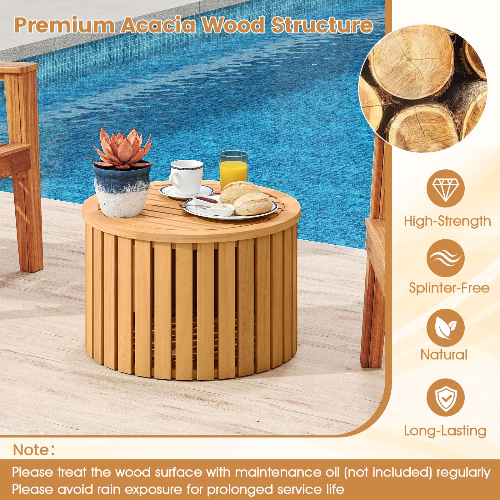 2-in-1 Outdoor Side Table with Storage Acacia Wood Slatted Coffee Table Round Slatted End Storage Box - Product image 4