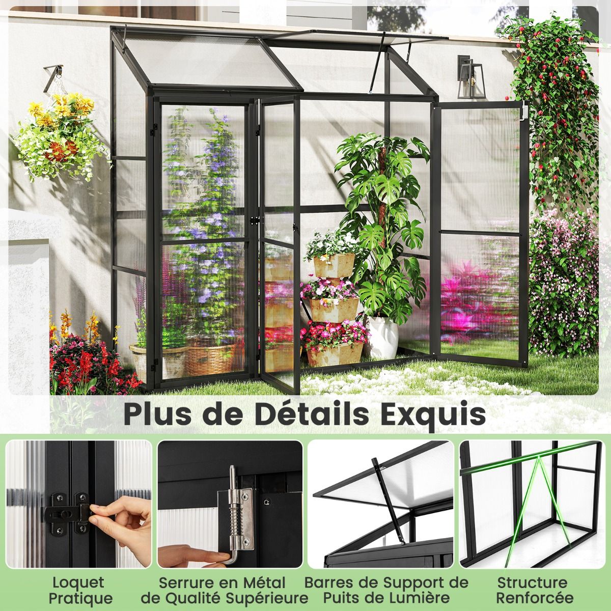 Outdoor Aluminum Garden Greenhouse Mini Walk-in Greenhouse with Skylight and 3 Closable Doors Sun-Resistant PC Plates Black -