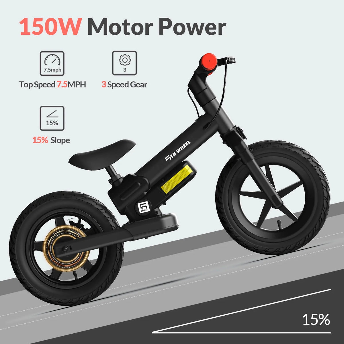 5th Wheel KB09 150W Electric Balance Bike for Kids, Black - 12" Pneumatic Tire with Dual Brake - Product image 7