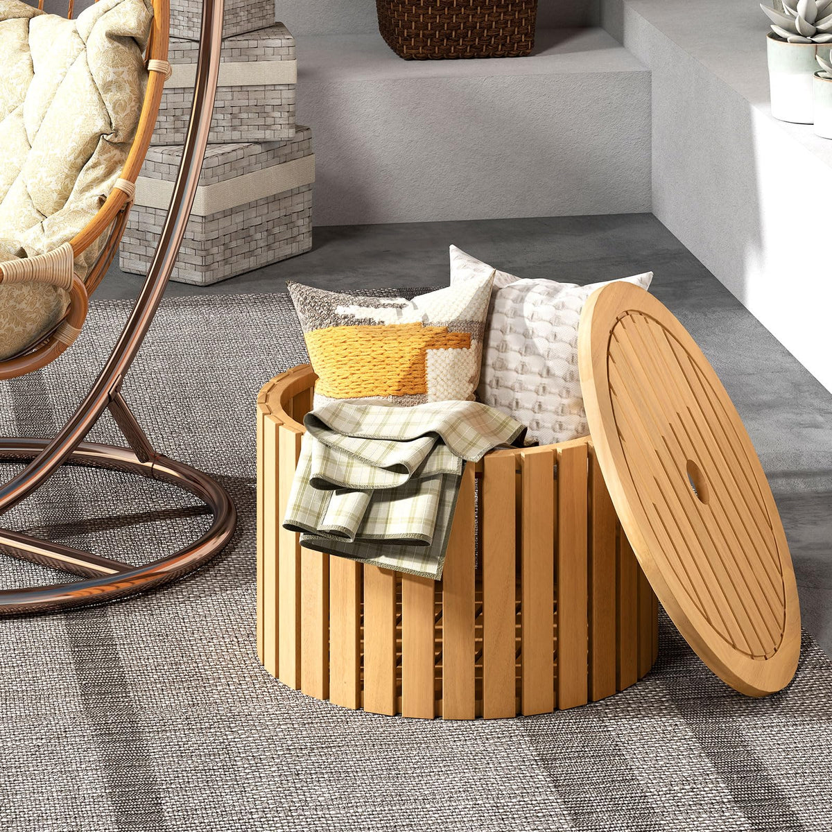 2-in-1 Outdoor Side Table with Storage Acacia Wood Slatted Coffee Table Round Slatted End Storage Box - Product image 9