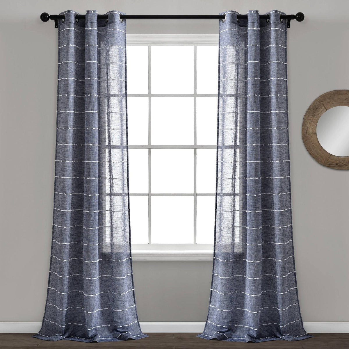 Lush Decor Farmhouse Textured Grommet Sheer Window Curtain Panels Navy 38x84 Set - Product image 1