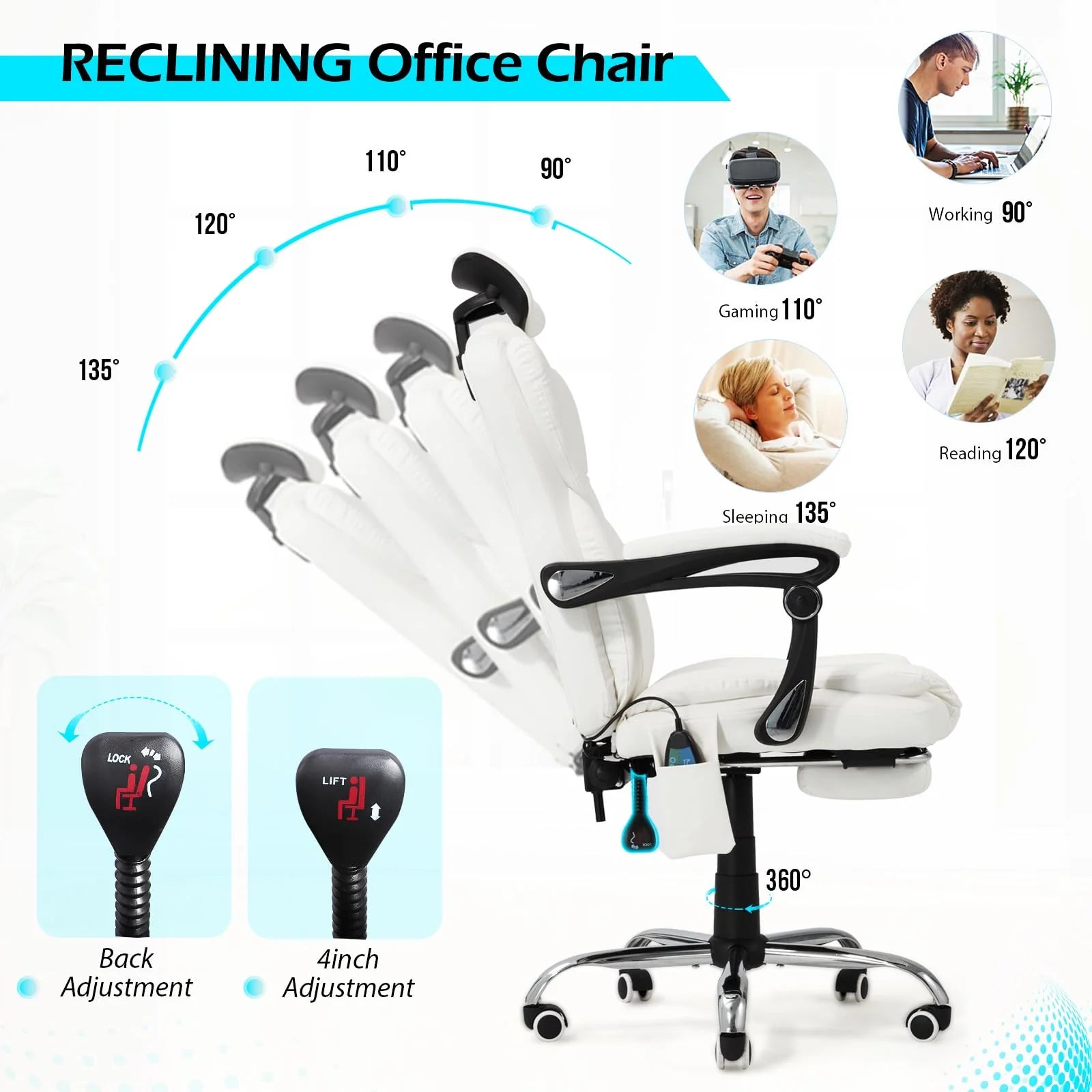 AECOJOY Office Chair with 7 Points Vibration Massage&Heat, Adjustable Ergonomic Recliner, Cream White - Product image 6