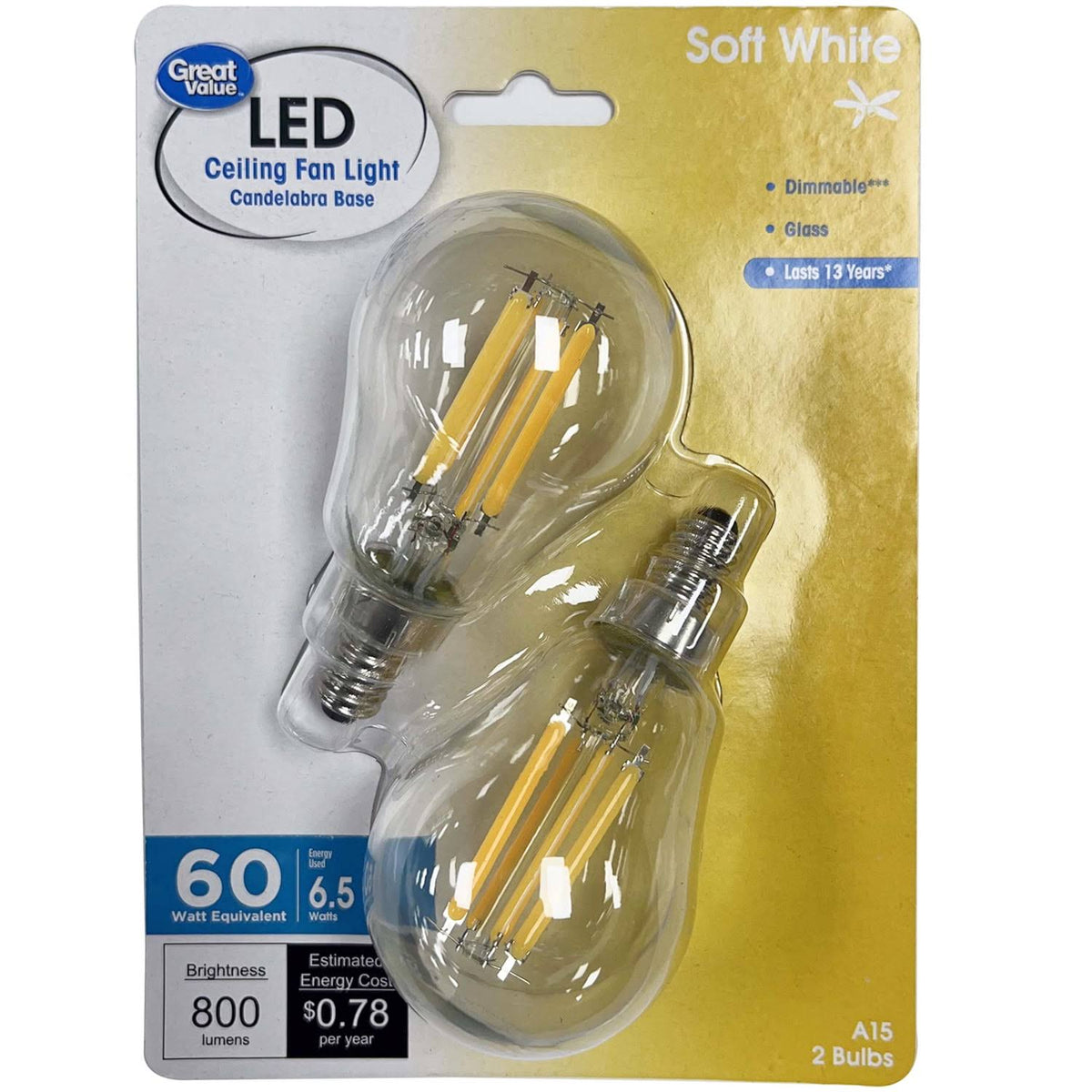 Great Value Multi-Use LED Light Bulbs, 60W, Soft White, 2 Count - Product image 1