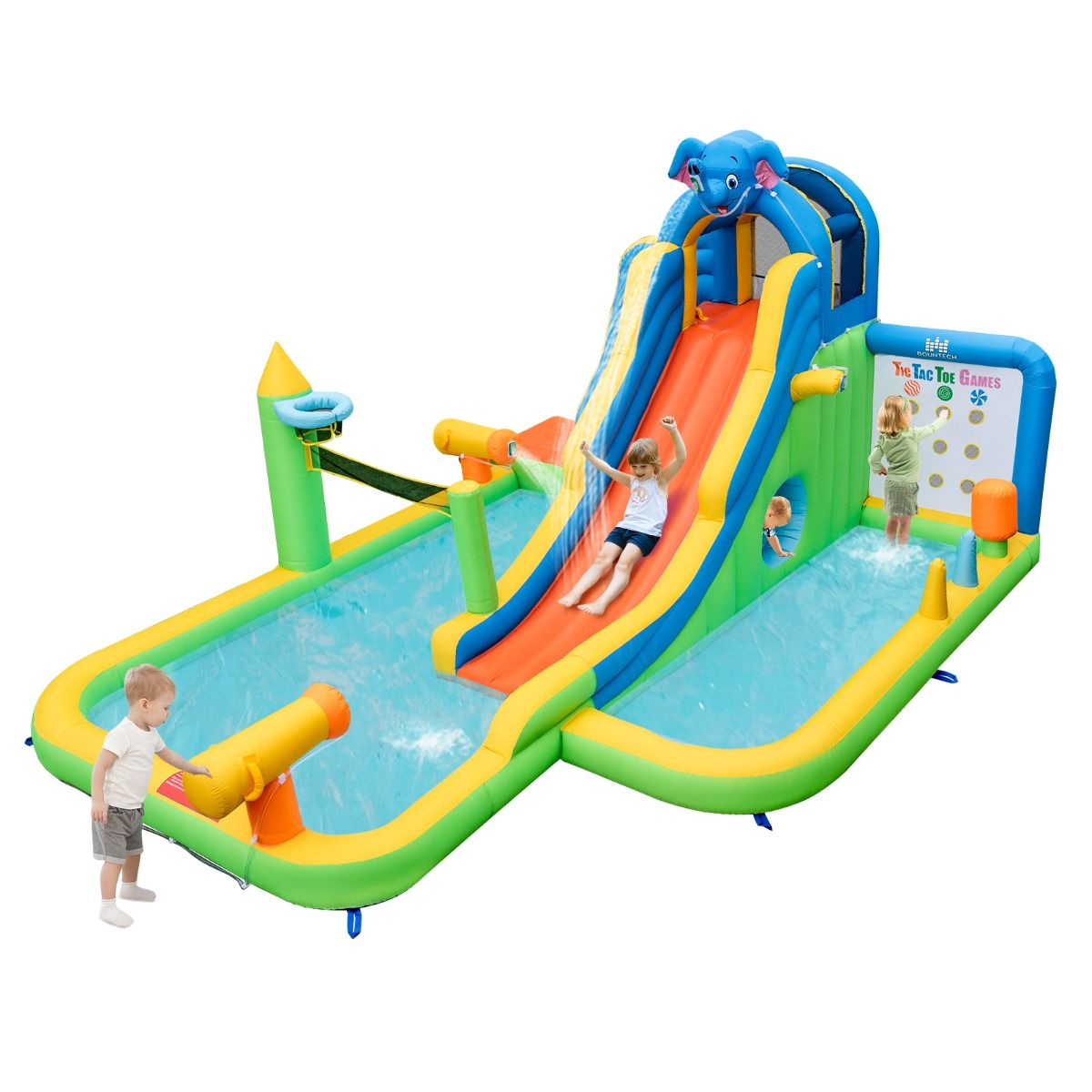 Giant Inflatable Water Slide for Kids Safe Splash Pool Climbing Wall Water Cannons Ring Toss Hoop (No Blower) Multicolor -