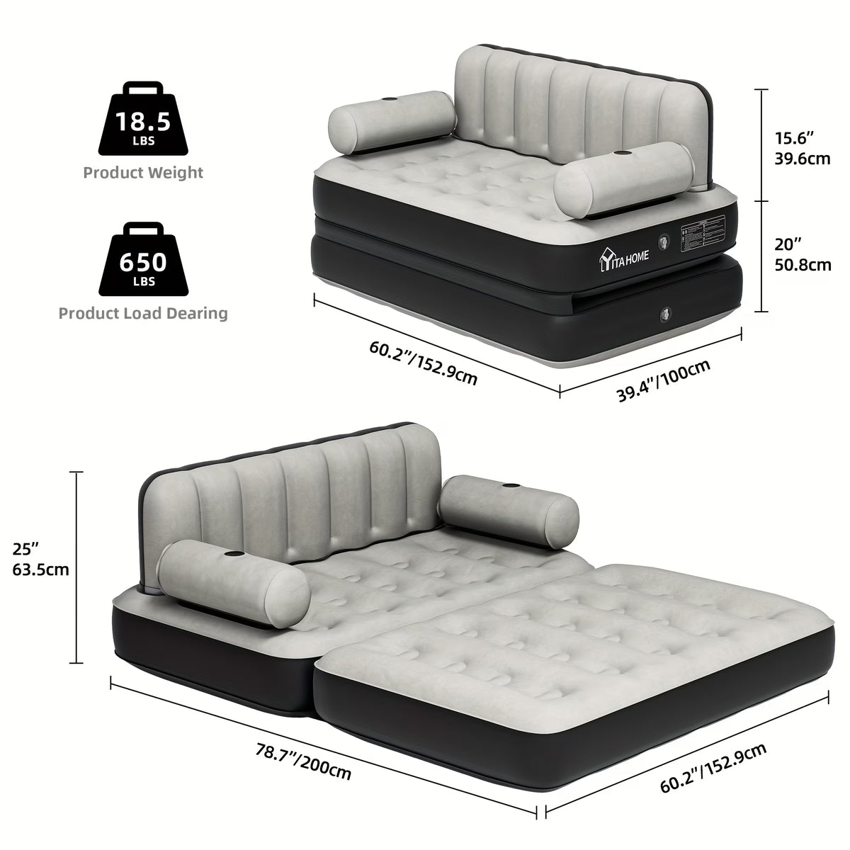 Inflatable Air Sofa Bed 2 - in - 1 Backrest Couch Airbed with Headboard and Pump Convertible Blow up Bed - Product image 2