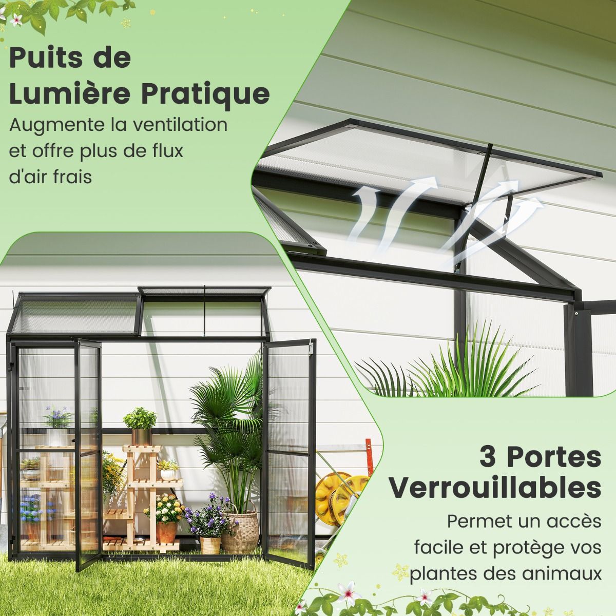 Outdoor Aluminum Garden Greenhouse Mini Walk-in Greenhouse with Skylight and 3 Closable Doors Sun-Resistant PC Plates Black -