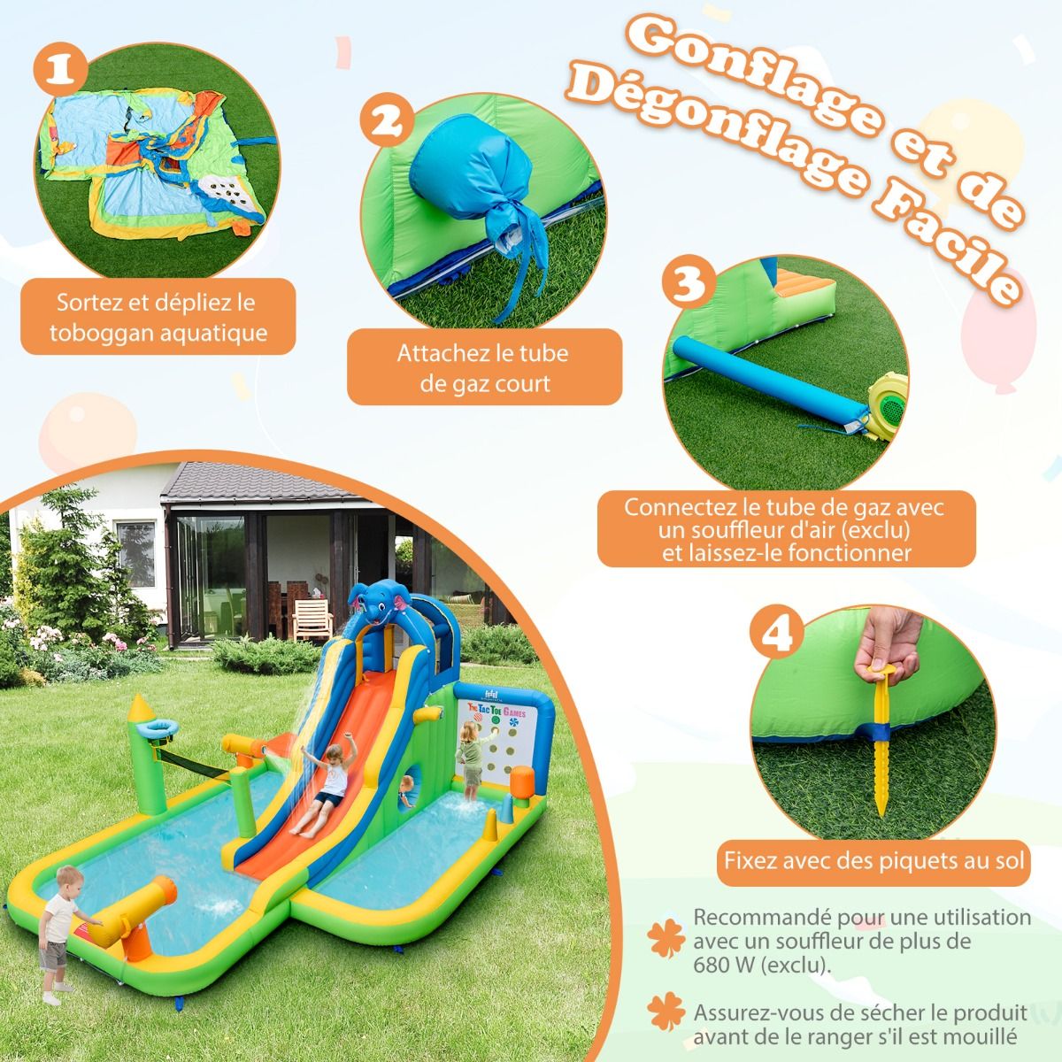 Giant Inflatable Water Slide for Kids Safe Splash Pool Climbing Wall Water Cannons Ring Toss Hoop (No Blower) Multicolor -
