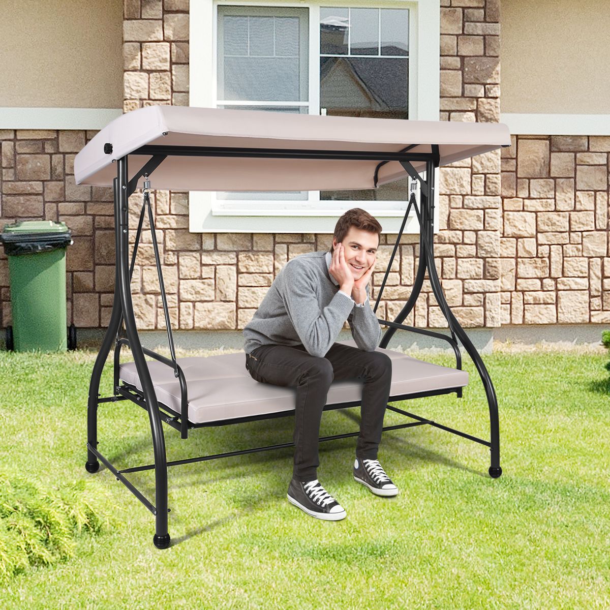 Convertible Outdoor Swing Chair Garden Porch with Cushioned Seats Adjustable Canopy and Coated Metal Frame 3-Seater Hammock Beige -