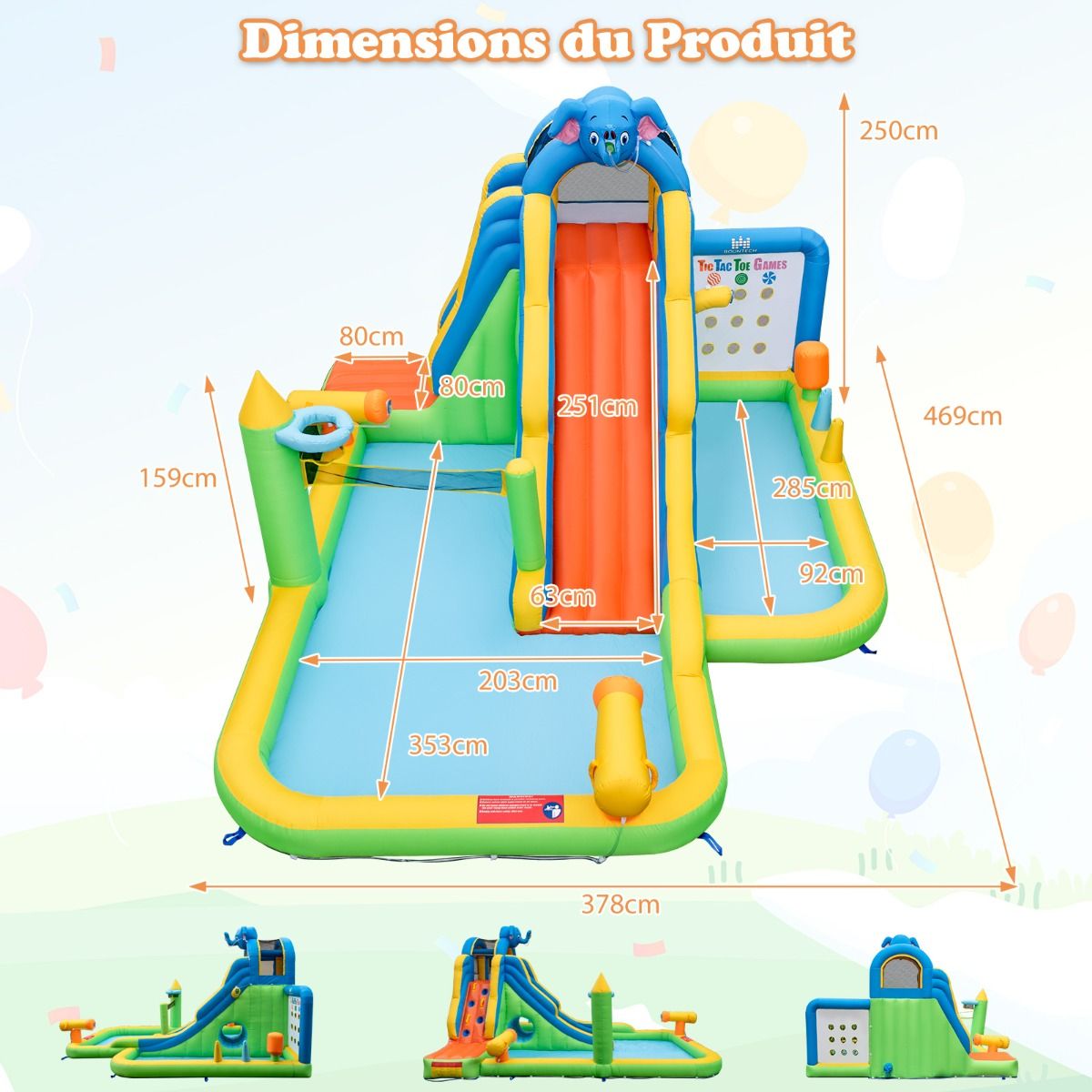 Giant Inflatable Water Slide for Kids Safe Splash Pool Climbing Wall Water Cannons Ring Toss Hoop (No Blower) Multicolor -