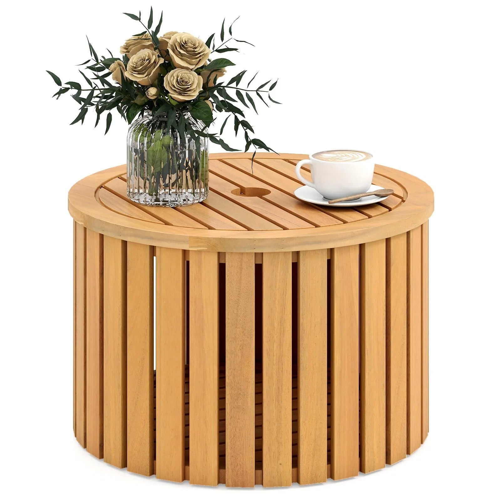 2-in-1 Outdoor Side Table with Storage Acacia Wood Slatted Coffee Table Round Slatted End Storage Box - Product image 1