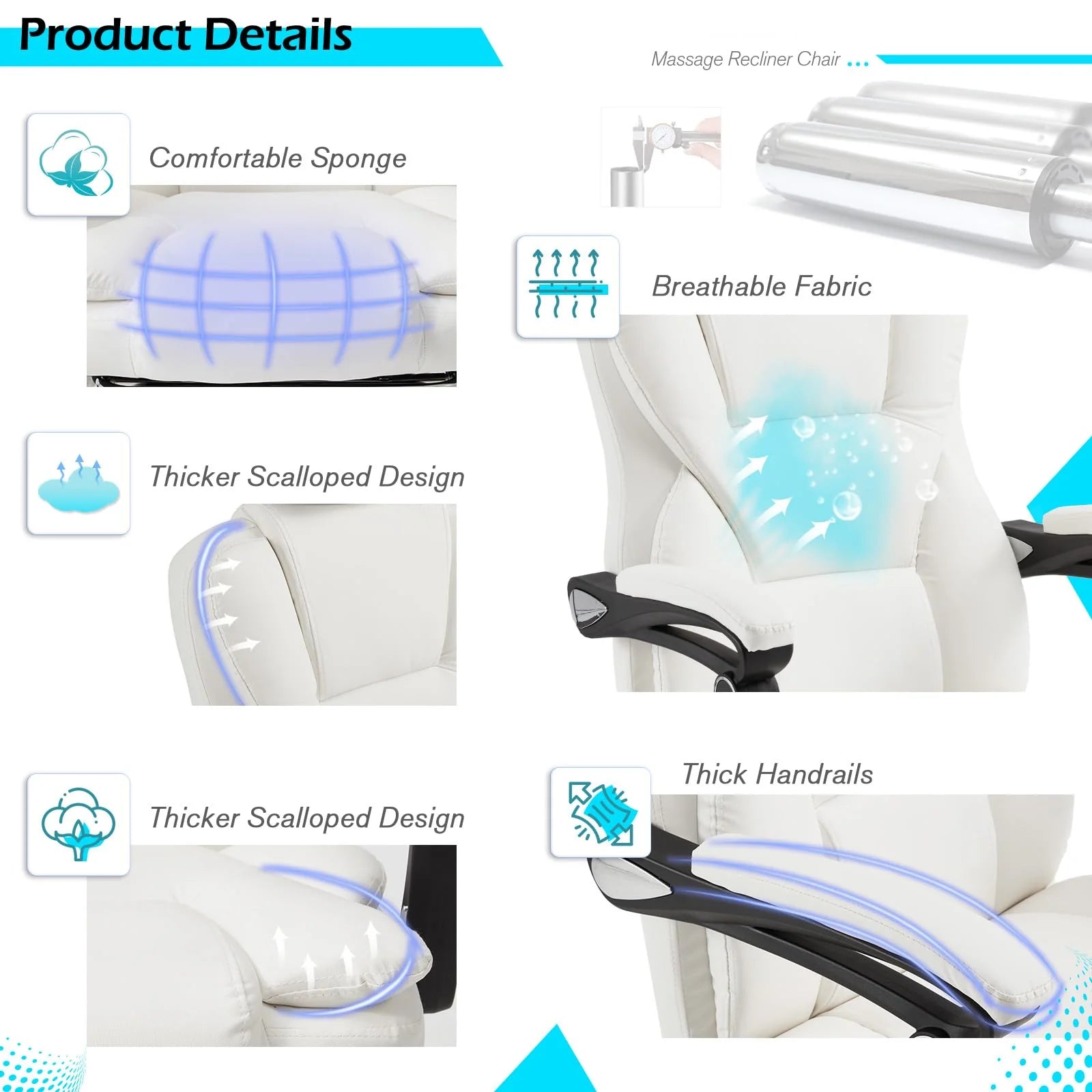 AECOJOY Office Chair with 7 Points Vibration Massage&Heat, Adjustable Ergonomic Recliner, Cream White - Product image 8