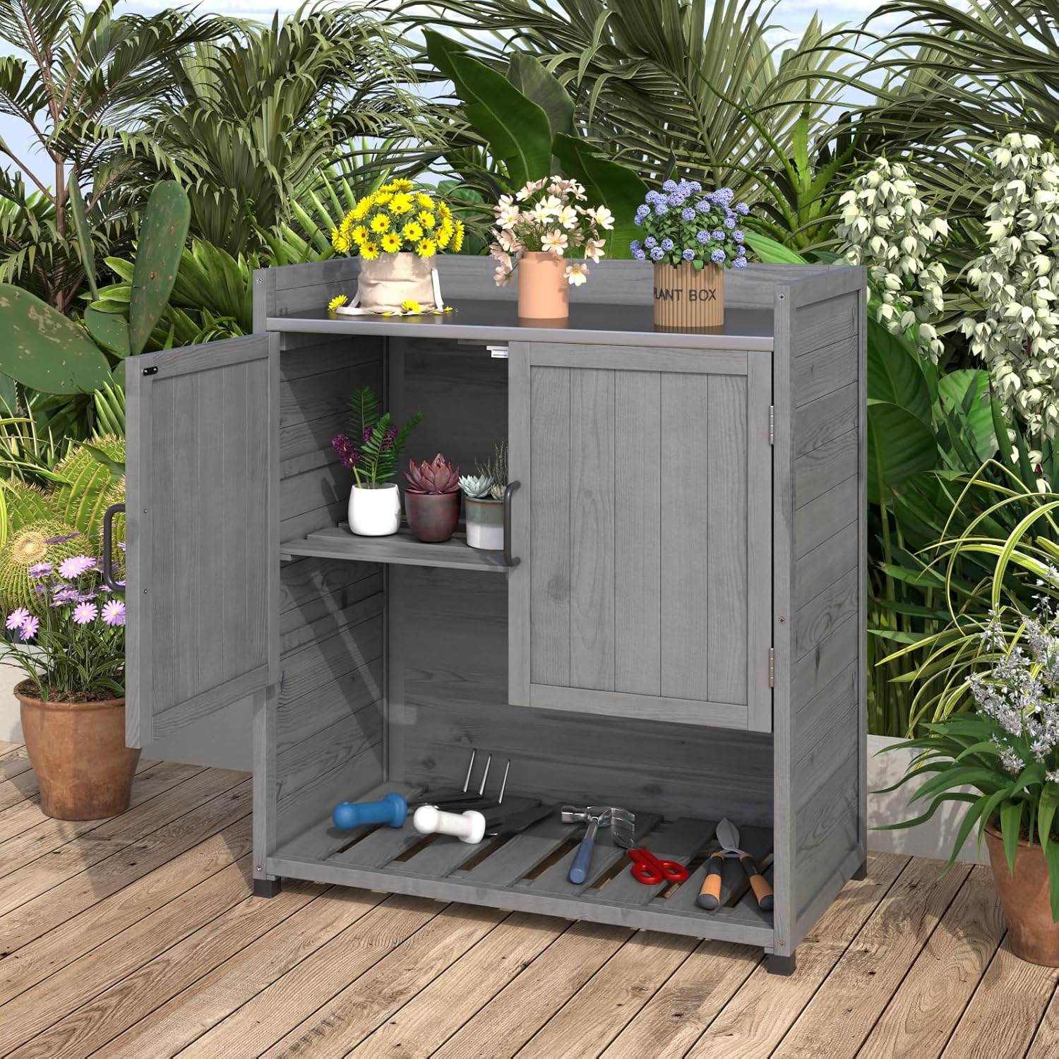 AECOJOY Potting Bench, Outdoor Wooden Storage Cabinet with Adjustable Shelf, Metal Tabletop - Product image 10