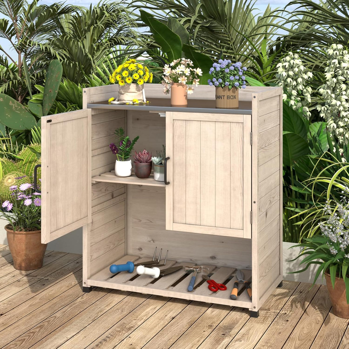 AECOJOY Potting Bench, Outdoor Wooden Storage Cabinet with Adjustable Shelf, Metal Tabletop - Product image 13