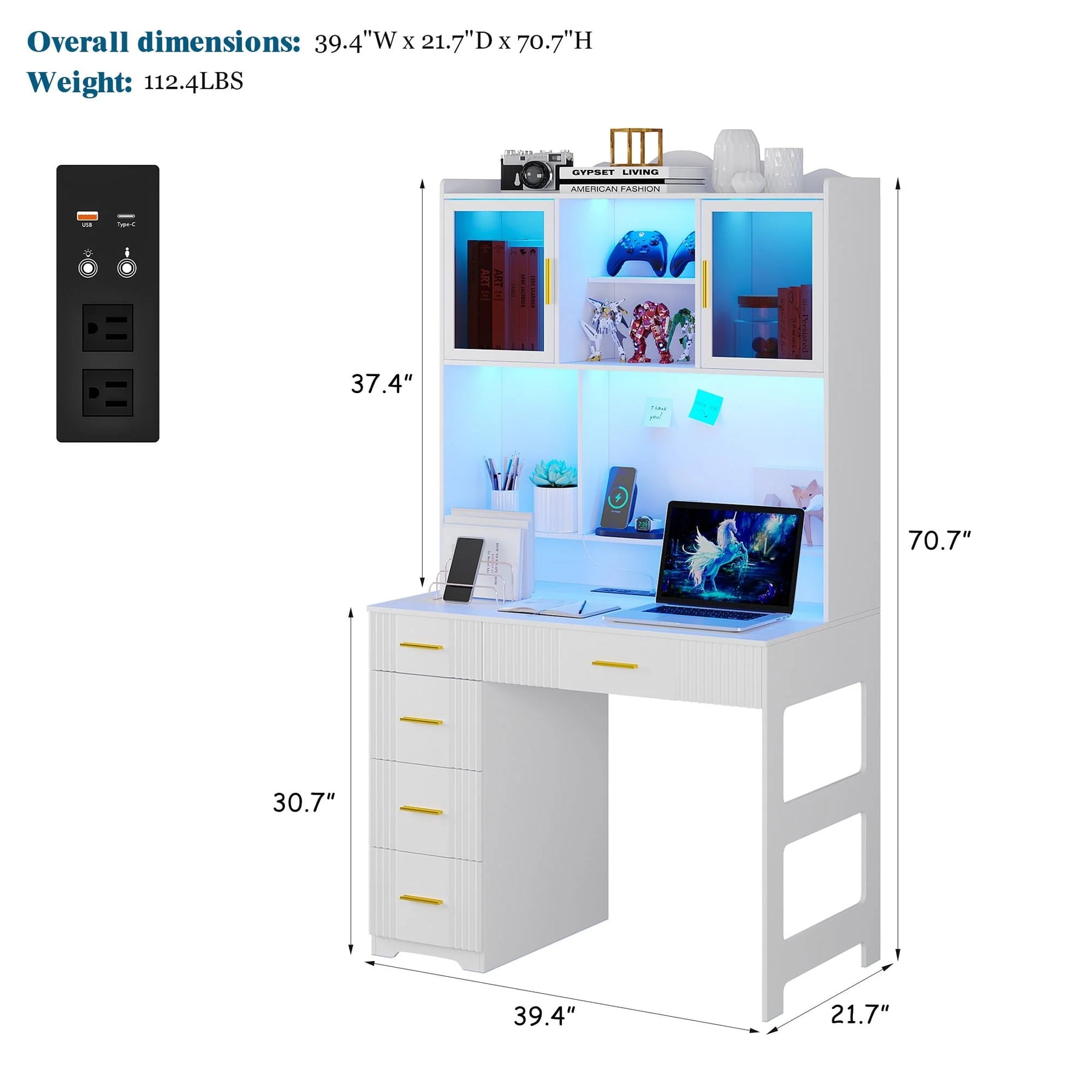HNEBC LED Study Desk with Hutch and Drawer, Home Office Desk with Outlet - Product image 3
