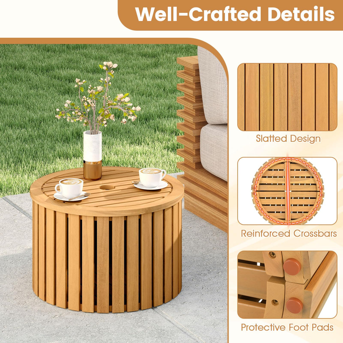 2-in-1 Outdoor Side Table with Storage Acacia Wood Slatted Coffee Table Round Slatted End Storage Box - Product image 6