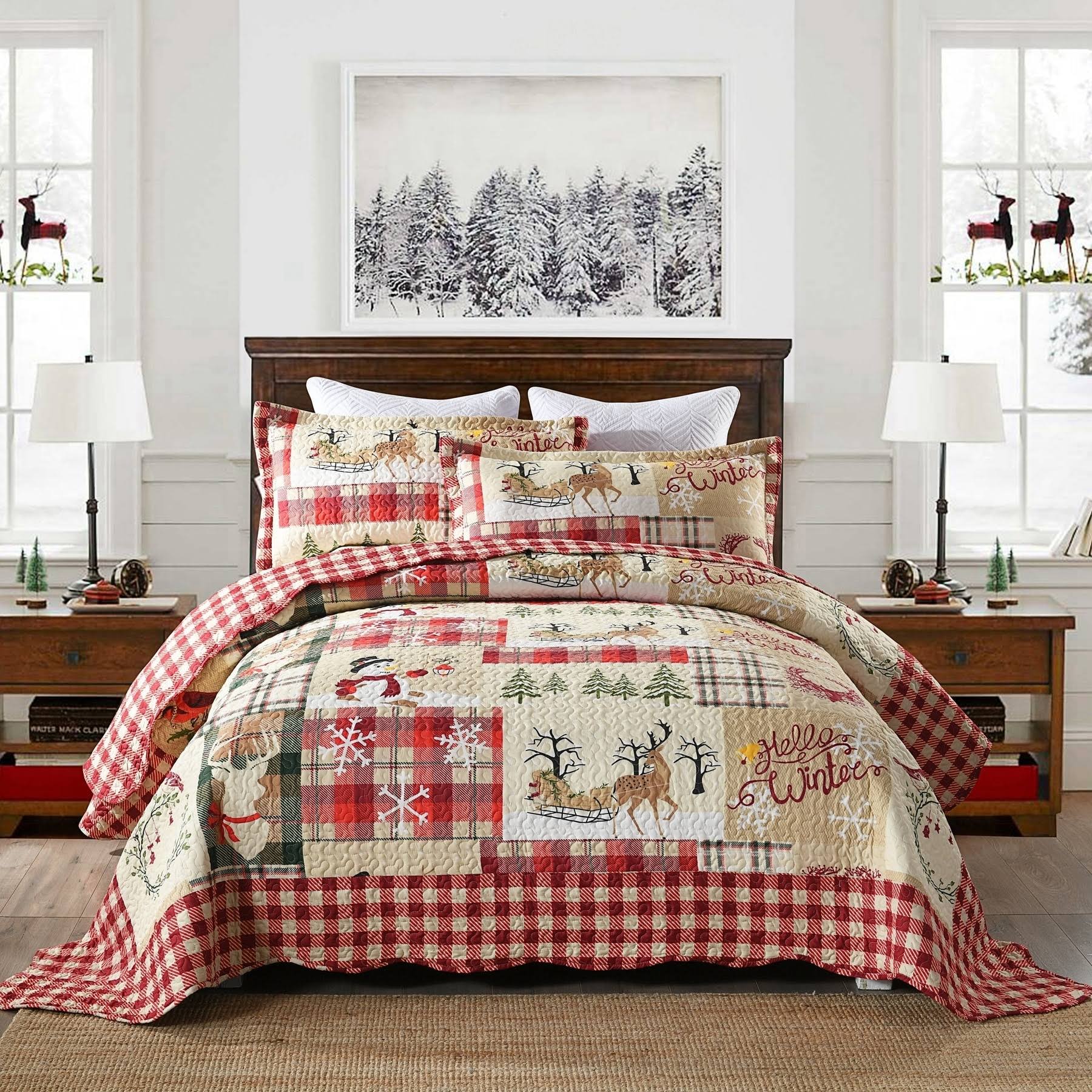 Plaid Patchwork Christmas Quilt Bedding Set Queen, Red - Product image 1
