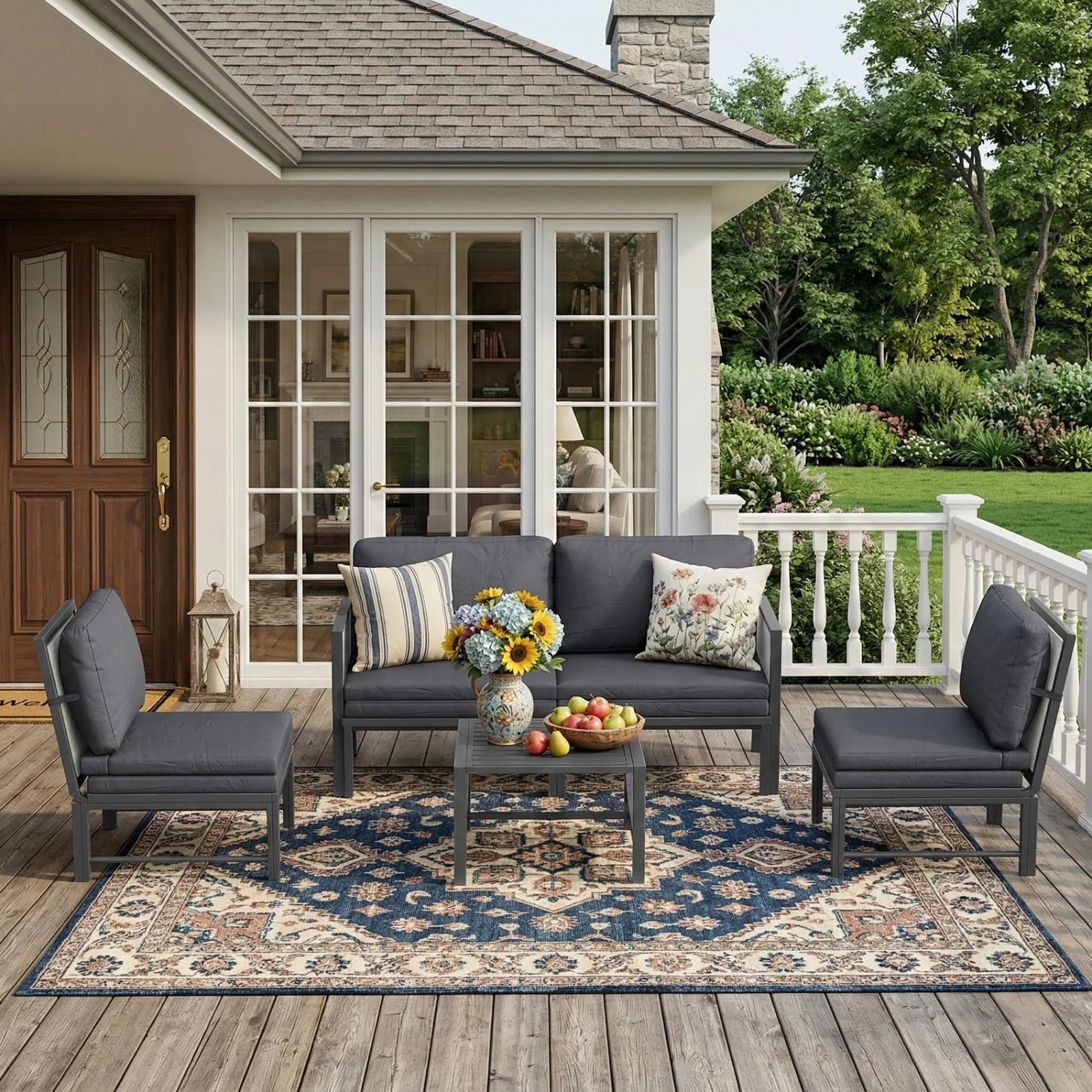 AECOJOY Aluminum Patio Furniture Set - 4 Seat Outdoor Sectional with Retractable Footrest Sofas & Coffee Table