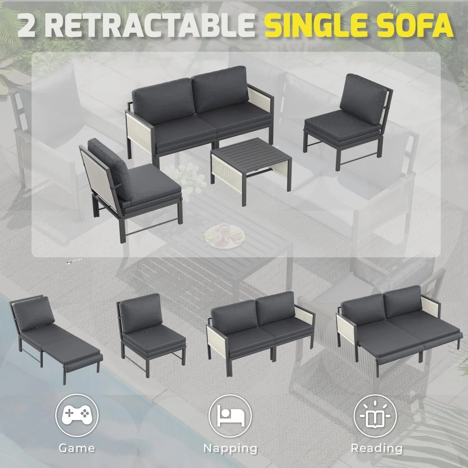AECOJOY Aluminum Patio Furniture Set - 4 Seat Outdoor Sectional with Retractable Footrest Sofas & Coffee Table