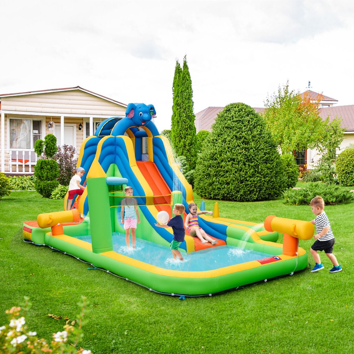 Giant Inflatable Water Slide for Kids Safe Splash Pool Climbing Wall Water Cannons Ring Toss Hoop (No Blower) Multicolor -