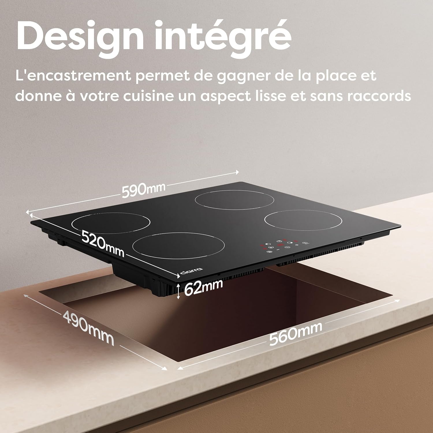 CIARRA Induction Hob 4 Burners 6000W - Touch Control - Built-in Hob - 9 Power Levels - Timer - Child Lock - CABBIH4-D