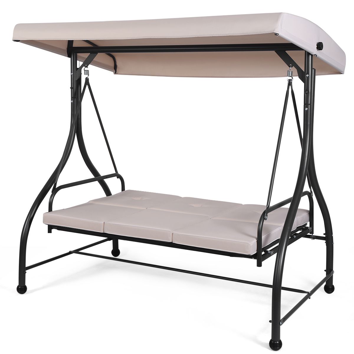 Convertible Outdoor Swing Chair Garden Porch with Cushioned Seats Adjustable Canopy and Coated Metal Frame 3-Seater Hammock Beige -