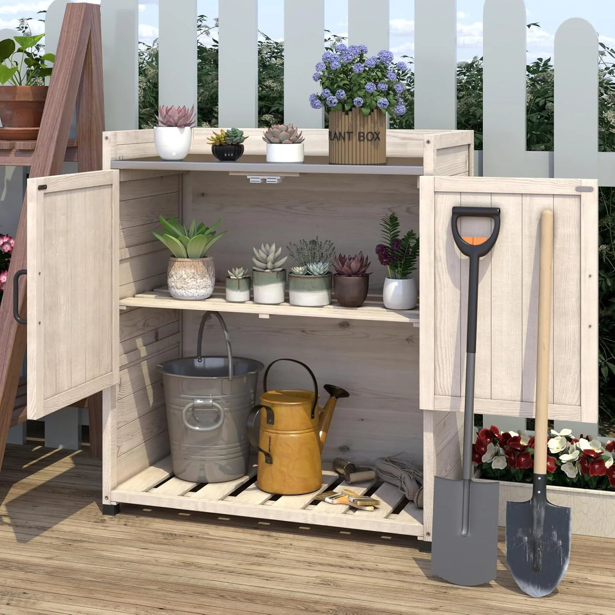 AECOJOY Potting Bench, Outdoor Wooden Storage Cabinet with Adjustable Shelf, Metal Tabletop - Product image 12