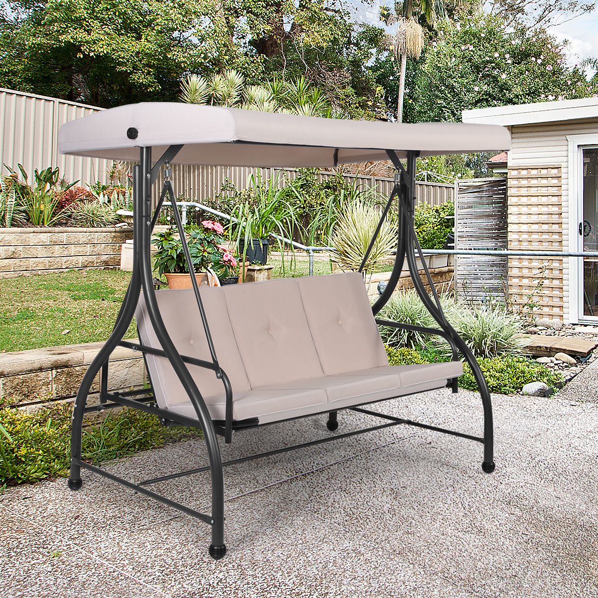 Convertible Outdoor Swing Chair Garden Porch with Cushioned Seats Adjustable Canopy and Coated Metal Frame 3-Seater Hammock Beige -