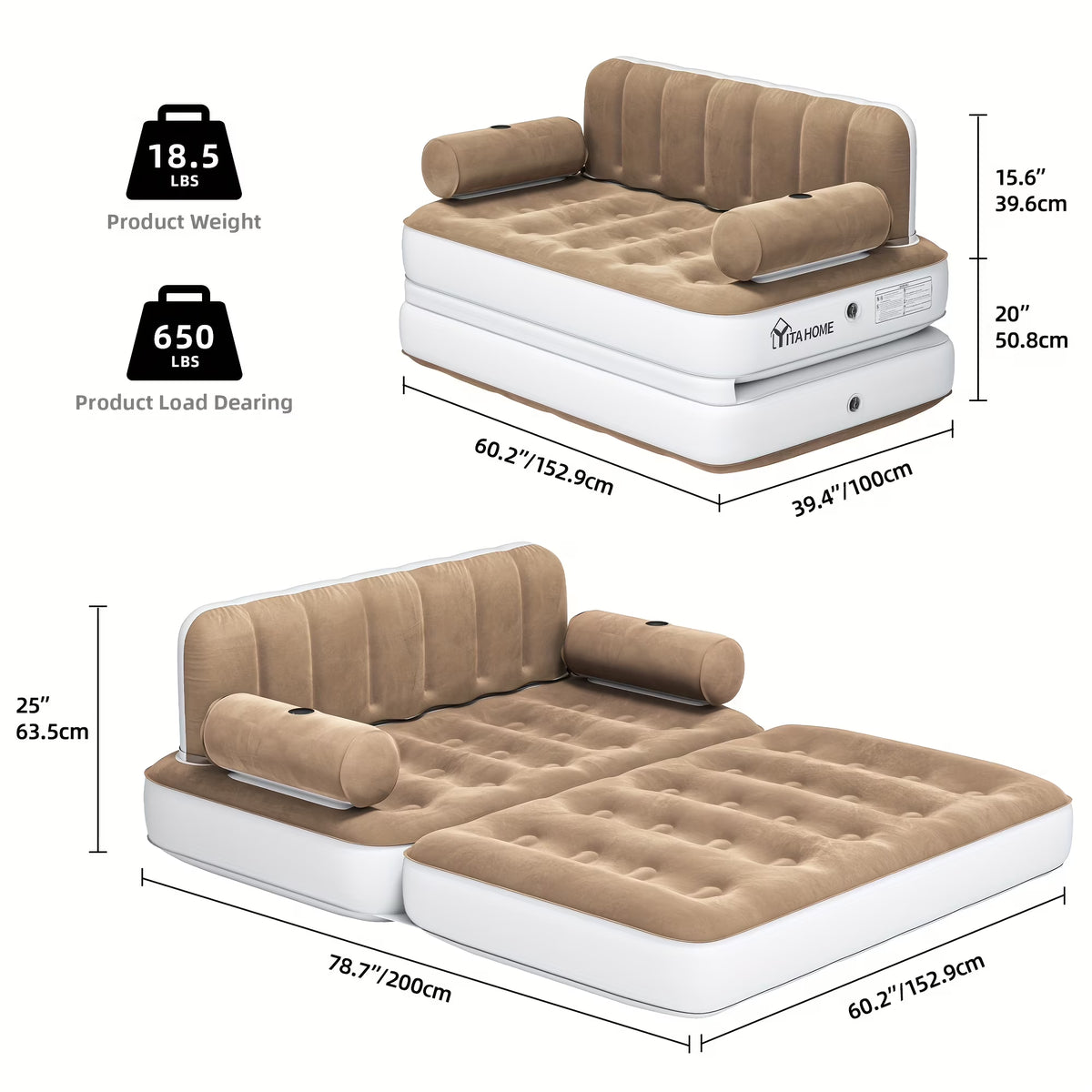 Inflatable Air Sofa Bed 2 - in - 1 Backrest Couch Airbed with Headboard and Pump Convertible Blow up Bed - Product image 4