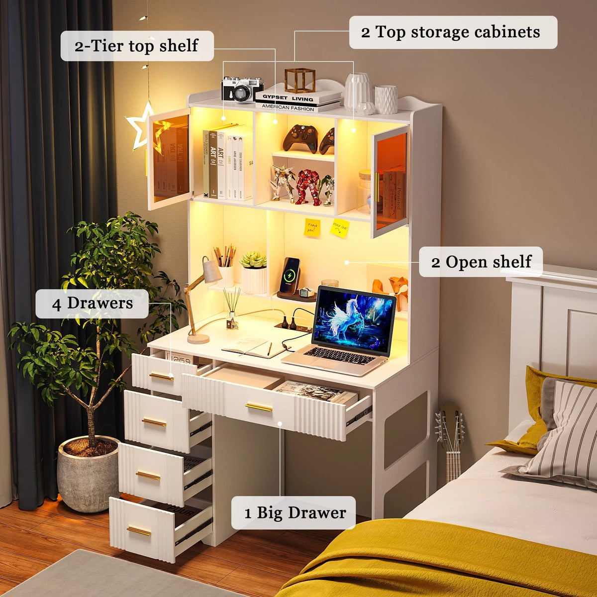 HNEBC LED Study Desk with Hutch and Drawer, Home Office Desk with Outlet - Product image 4