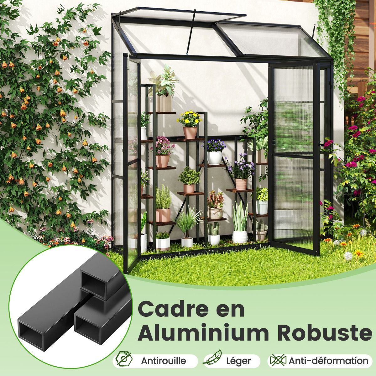 Outdoor Aluminum Garden Greenhouse Mini Walk-in Greenhouse with Skylight and 3 Closable Doors Sun-Resistant PC Plates Black -