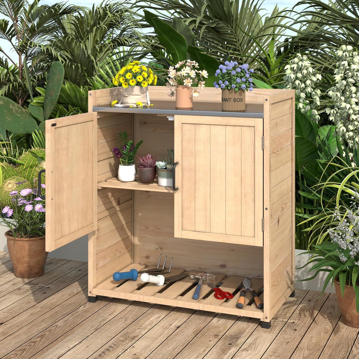 AECOJOY Potting Bench, Outdoor Wooden Storage Cabinet with Adjustable Shelf, Metal Tabletop - Product image 8