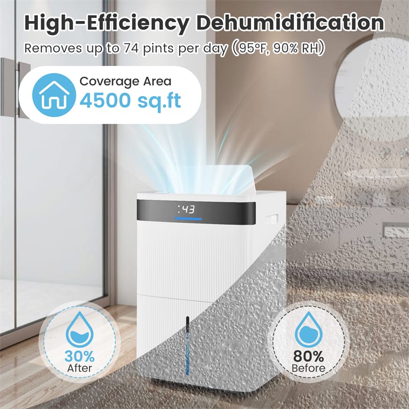 74 Pints Dehumidifier for Home & Basement, 4500 Sq.Ft Portable Dehumidifier with Drain Hose, 24H Timer - Product image 5