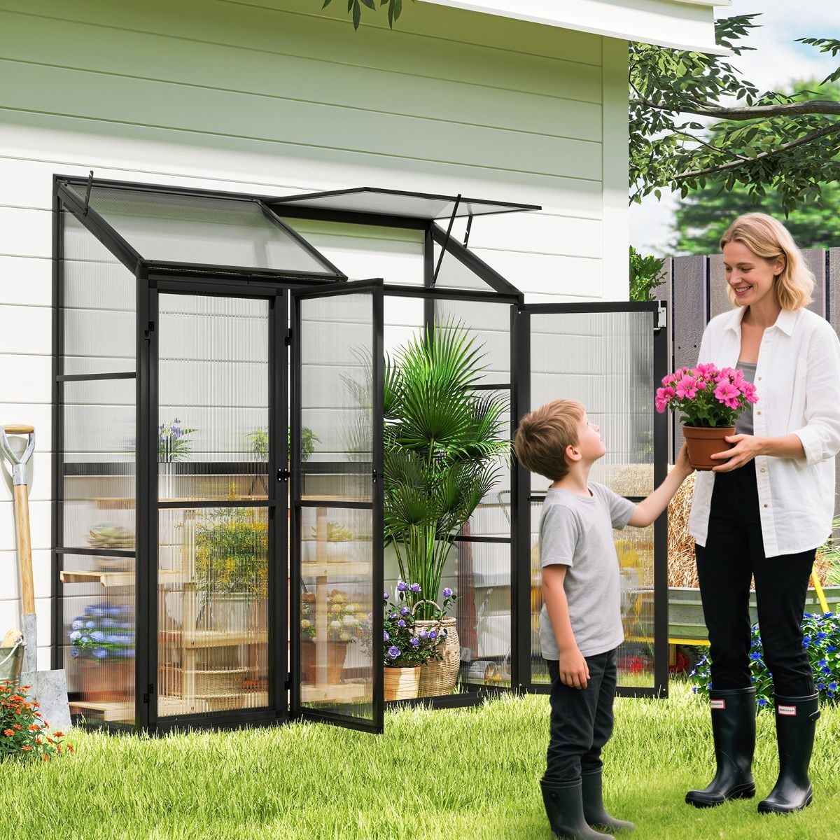 Outdoor Aluminum Garden Greenhouse Mini Walk-in Greenhouse with Skylight and 3 Closable Doors Sun-Resistant PC Plates Black -