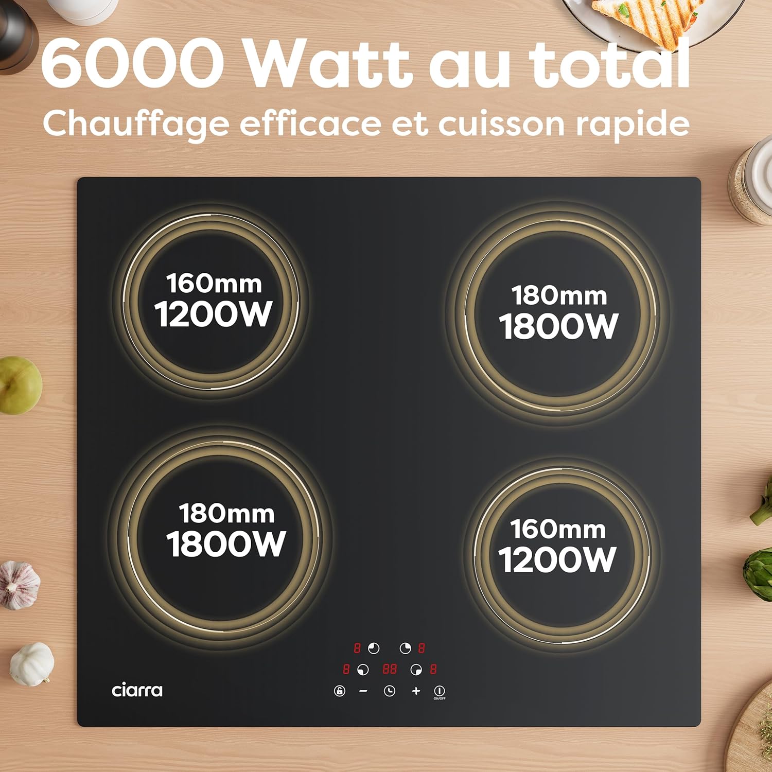 CIARRA Induction Hob 4 Burners 6000W - Touch Control - Built-in Hob - 9 Power Levels - Timer - Child Lock - CABBIH4-D