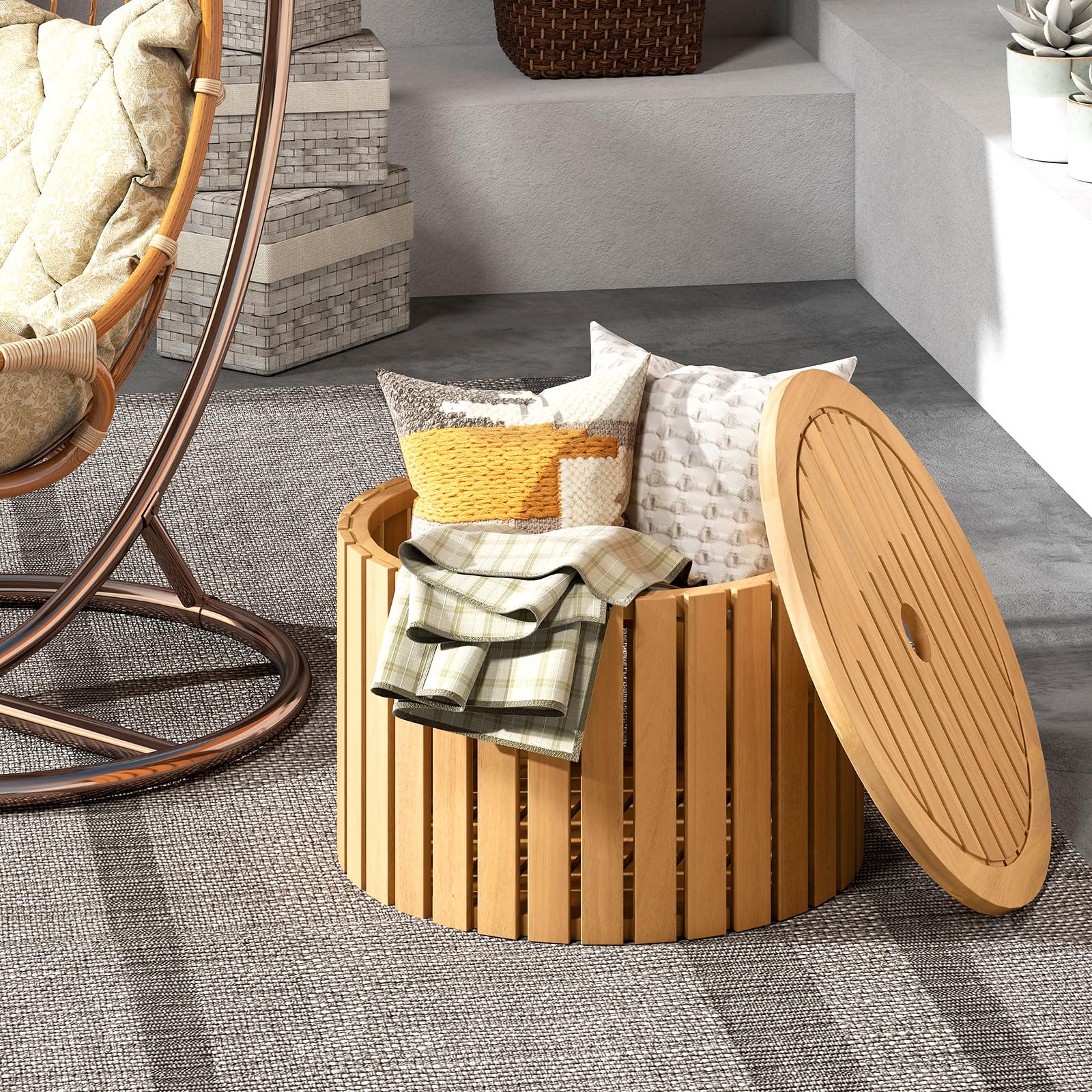 2-in-1 Outdoor Side Table with Storage Acacia Wood Slatted Coffee Table Round Slatted End Storage Box - Product image 9