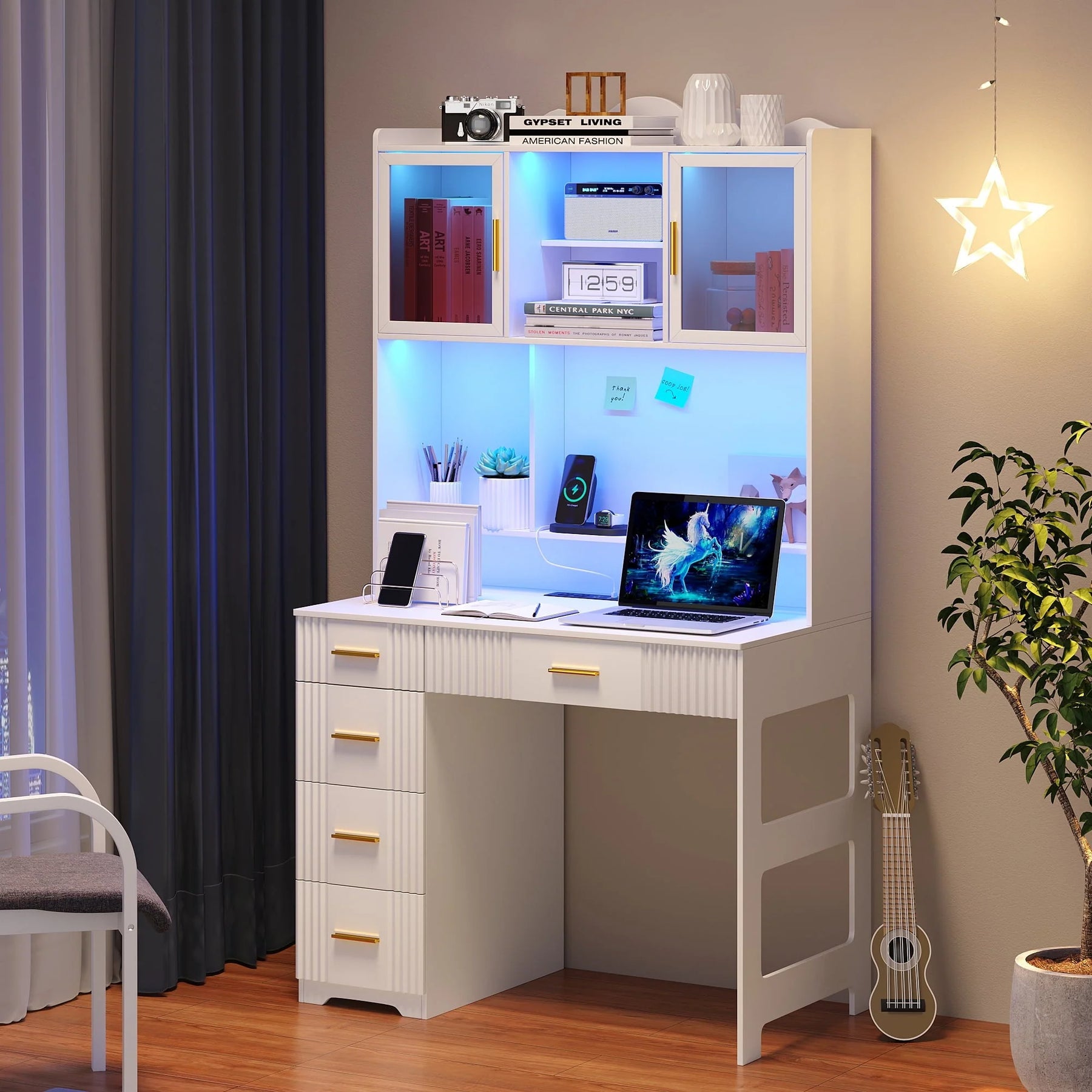 HNEBC LED Study Desk with Hutch and Drawer, Home Office Desk with Outlet - Product image 1