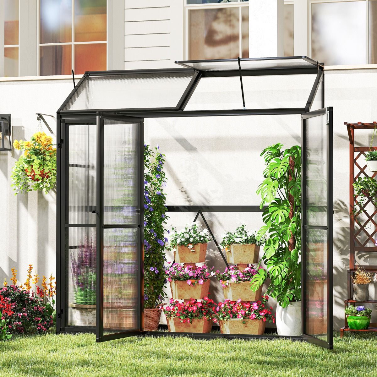 Outdoor Aluminum Garden Greenhouse Mini Walk-in Greenhouse with Skylight and 3 Closable Doors Sun-Resistant PC Plates Black -