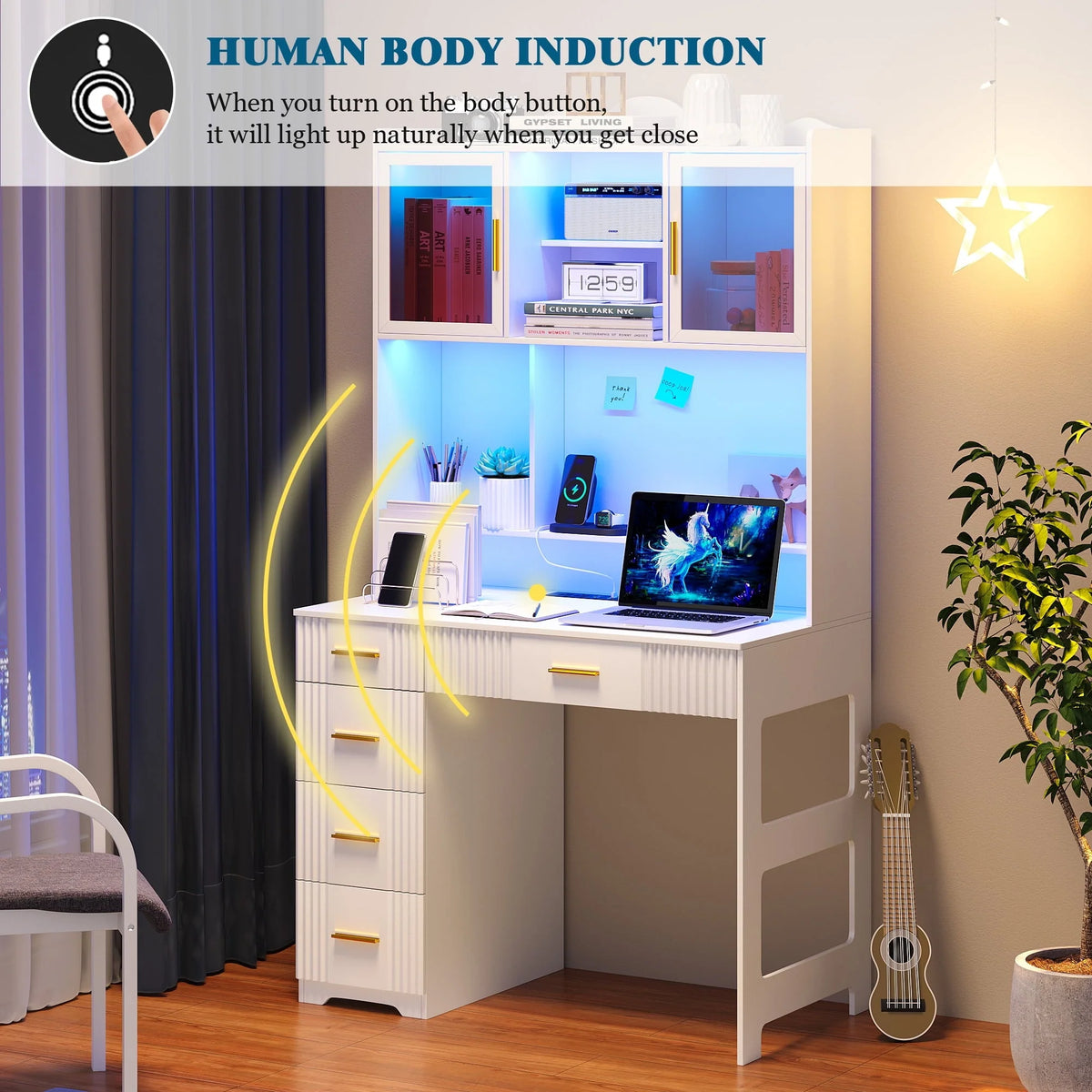 HNEBC LED Study Desk with Hutch and Drawer, Home Office Desk with Outlet - Product image 6