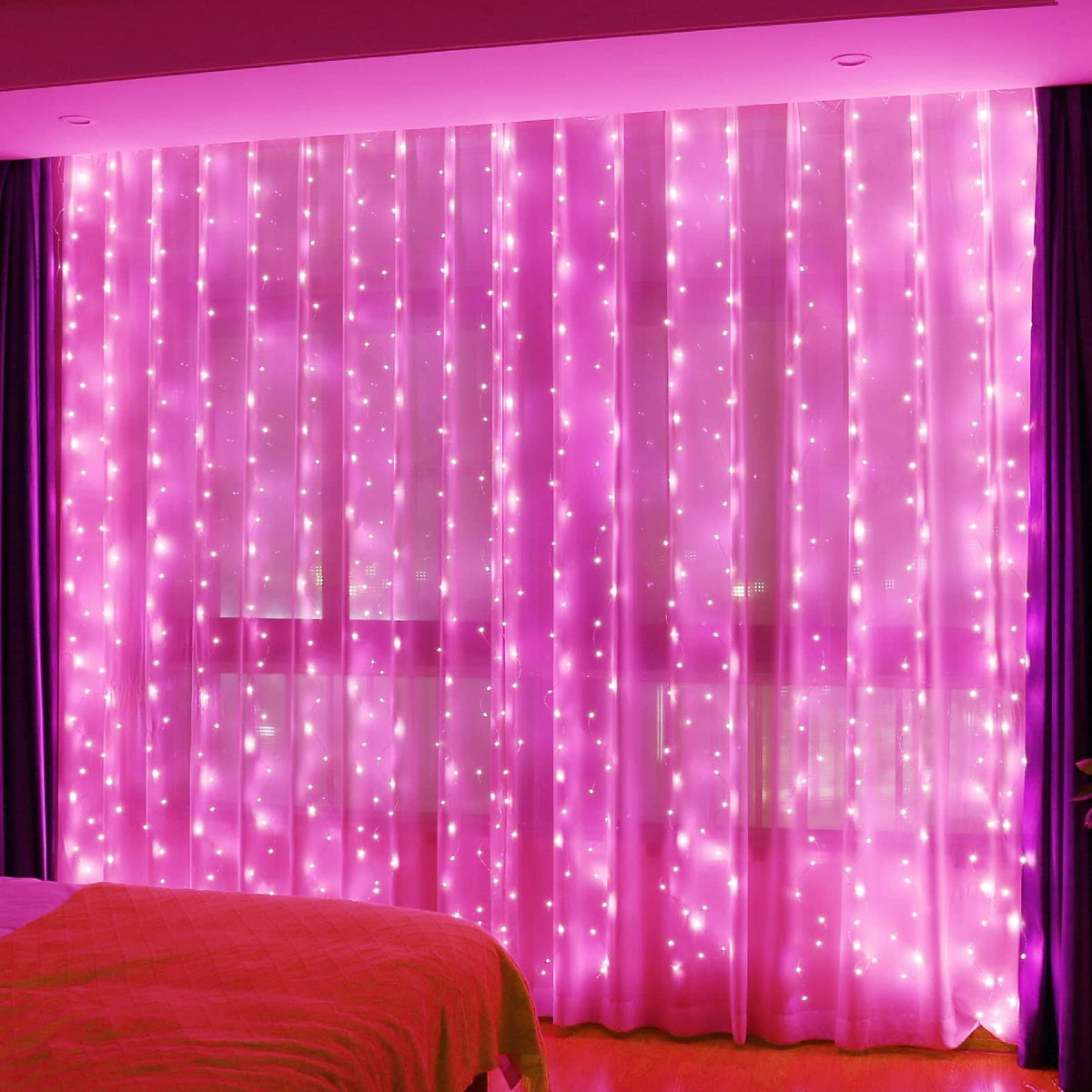 HXWEIYE 300led Pink Fairy Curtain Hanging Lights with Remote 8 Modes Timer for Bedroom - Product image 1