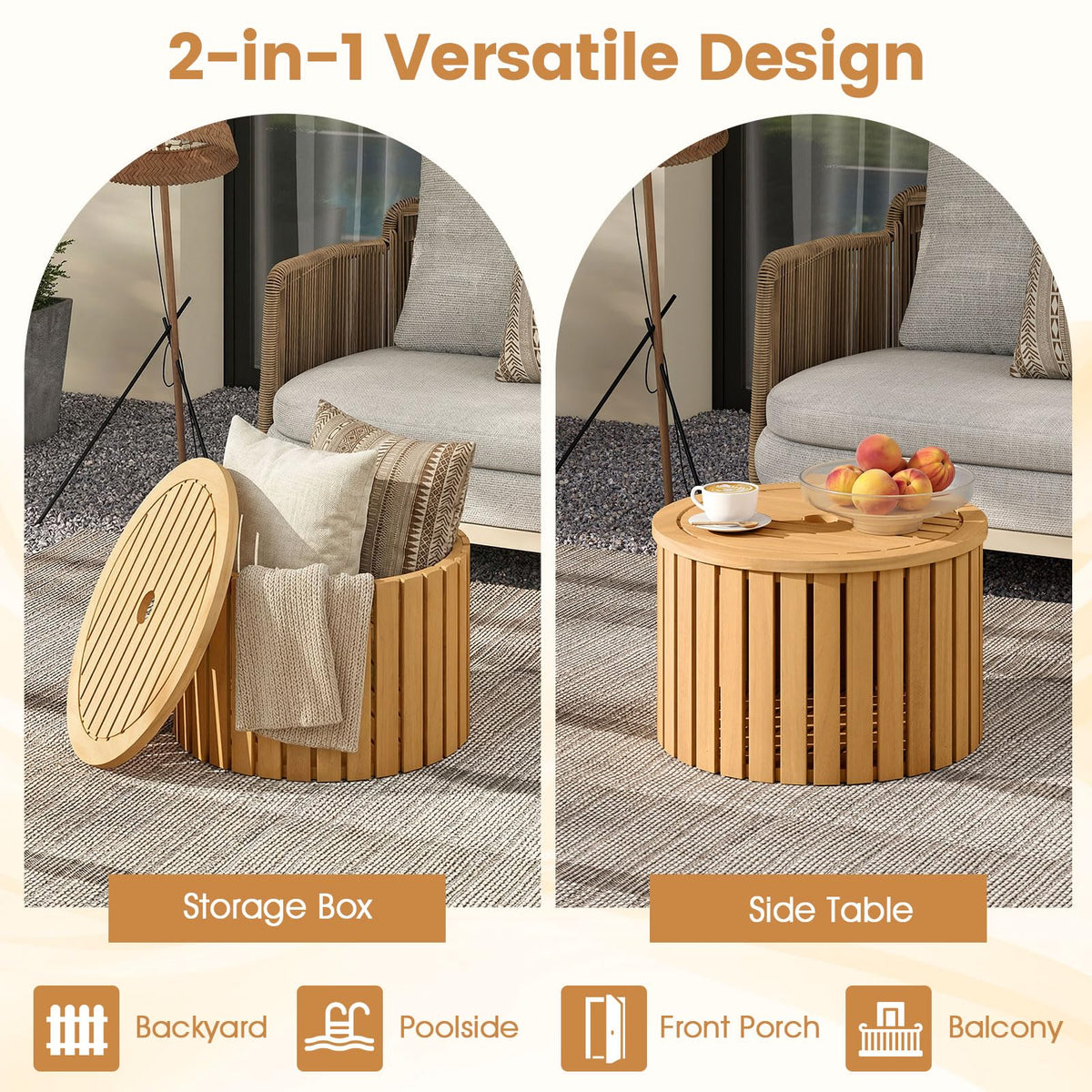 2-in-1 Outdoor Side Table with Storage Acacia Wood Slatted Coffee Table Round Slatted End Storage Box - Product image 8